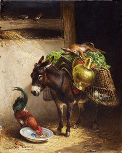 Donkey and Rooster in the Stable